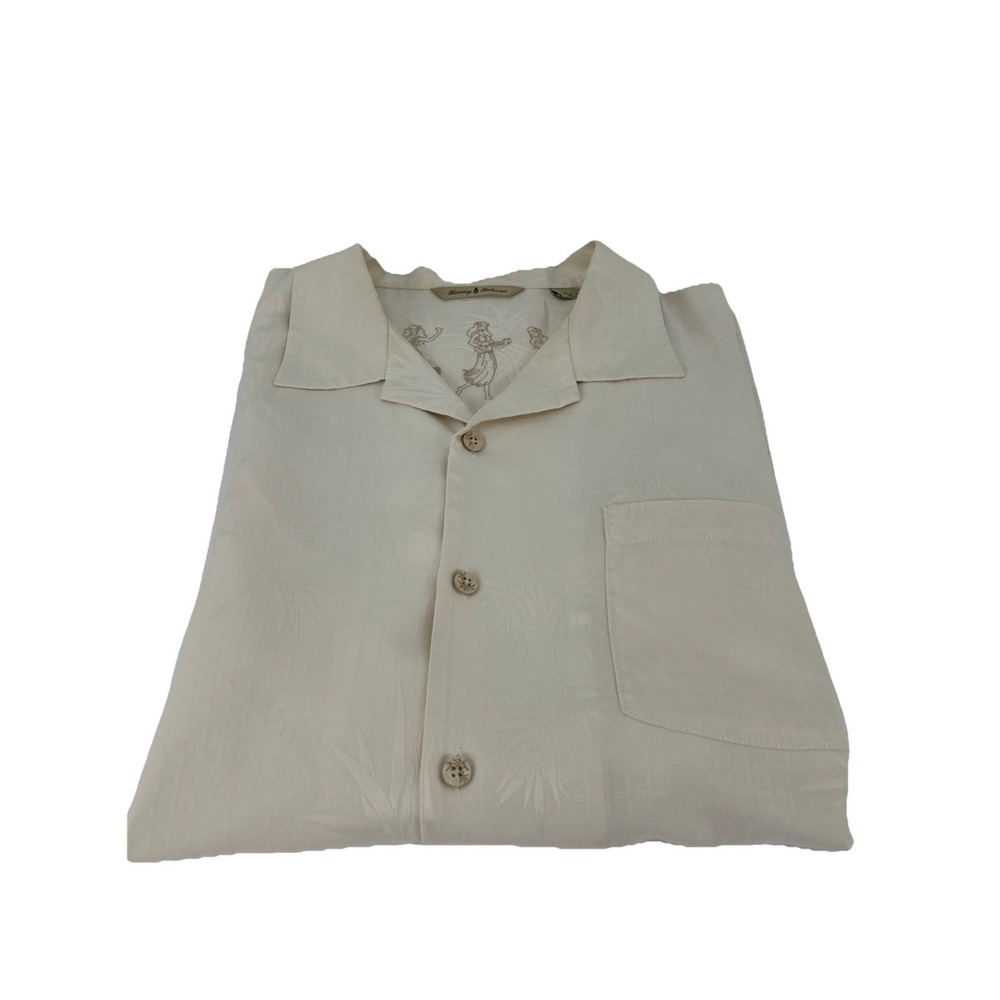 Tommy Bahama Mens XL Silk Short Sleeve Shirt Cream Bamboo Jacquard - Picture 8 of 9